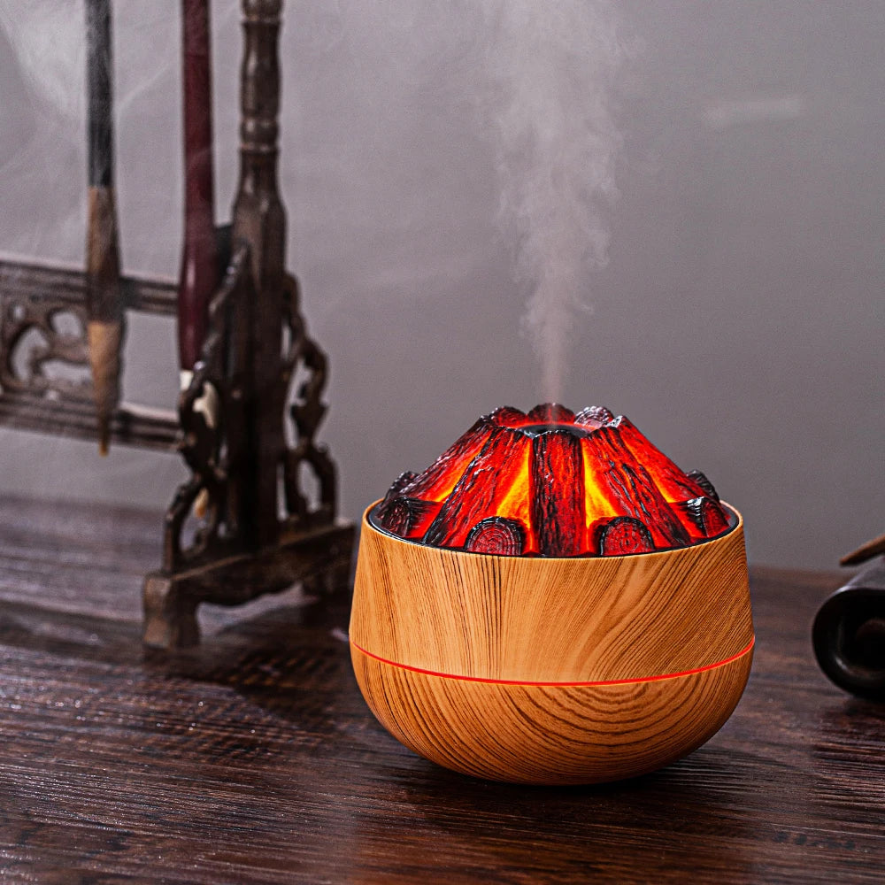 2024 New 300ML Artificial Charcoal Fire Air Humidifier Aroma Diffuser Mist Sprayer Mini Diffuser with Night Light for Home